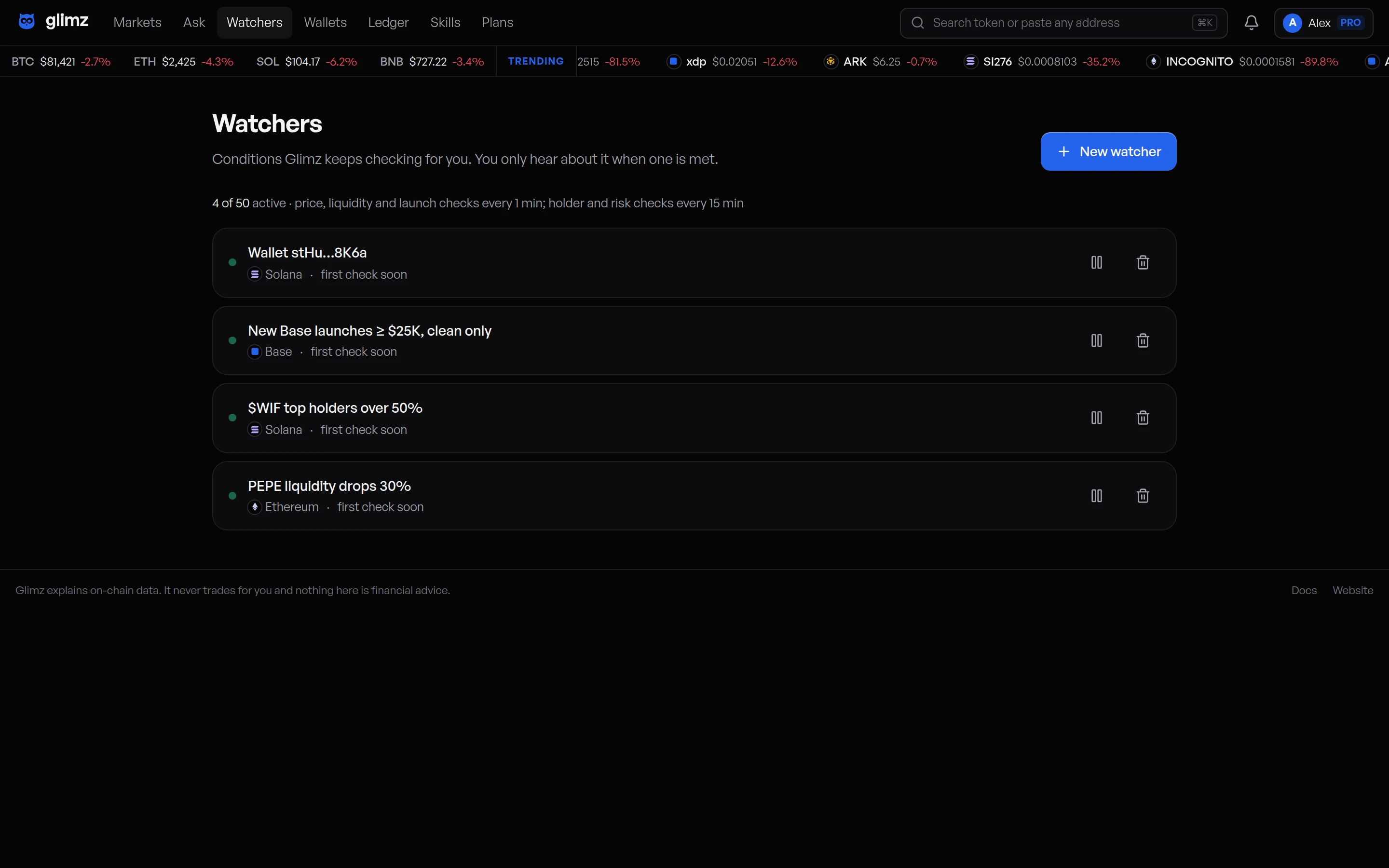 The Glimz watchers page with four live watchers on Solana, Base and Ethereum